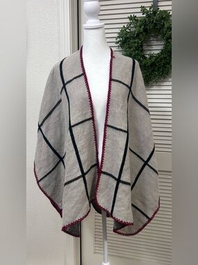 Windowpane Knit Poncho with Burgundy Trim - Women Sweater